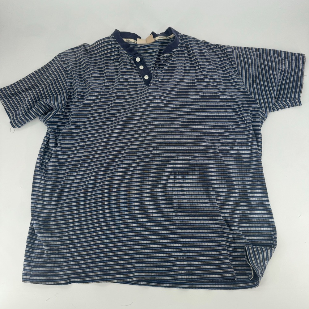 Woolrich Mens XL Blue Striped Cotton Short Sleeve Henley Shirt Ribbed Knit